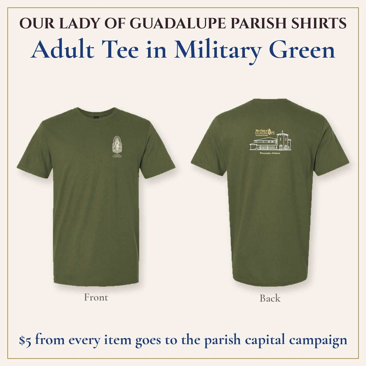 Adult Tee in Military Green, front and back