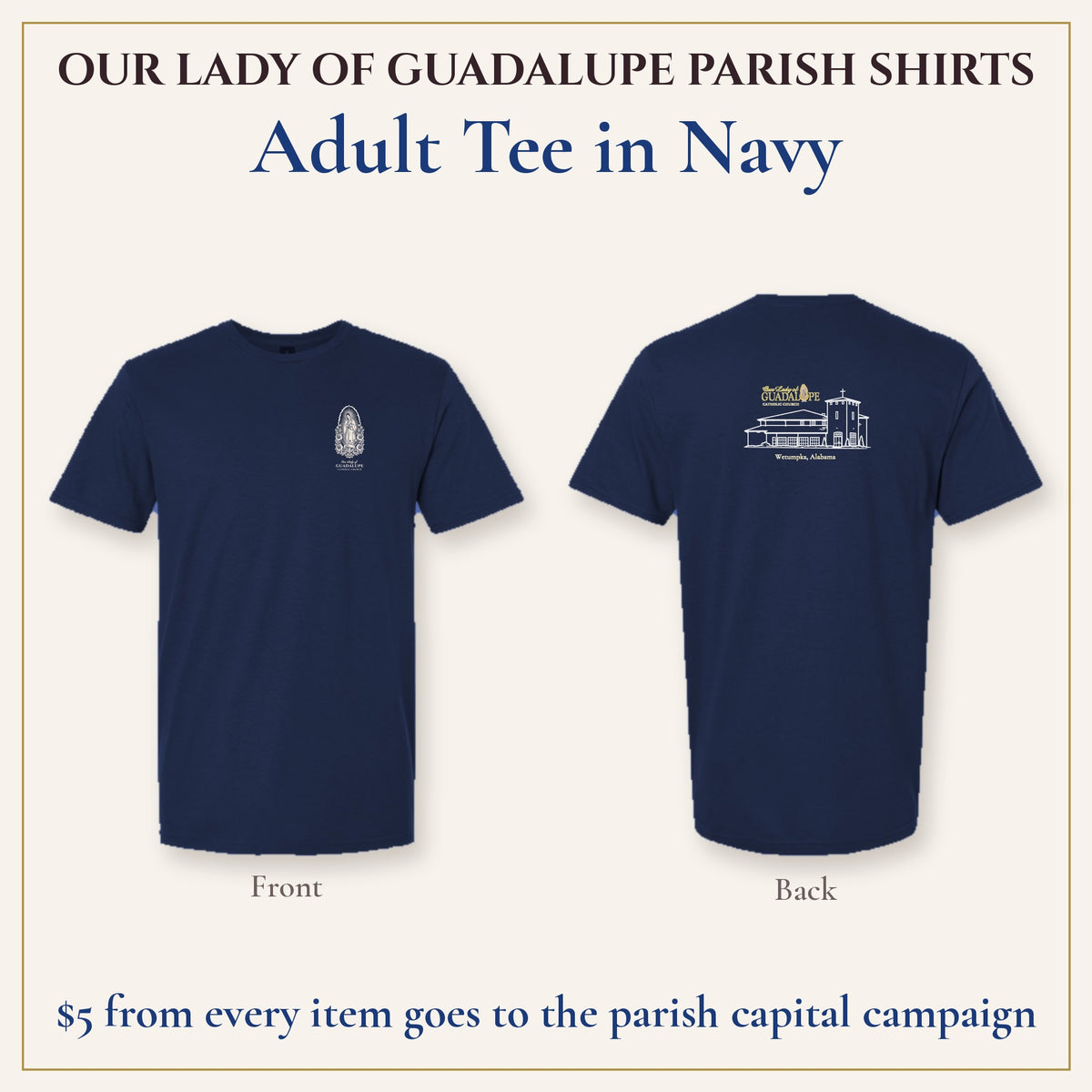 Adult Tee in Navy, front and back