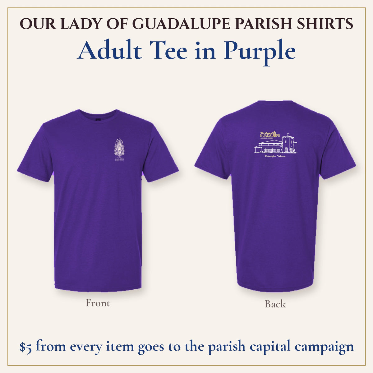 Adult Tee in Purple, front and back