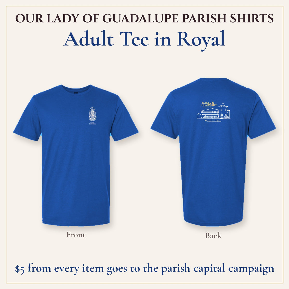 Adult Tee in Royal, front and back