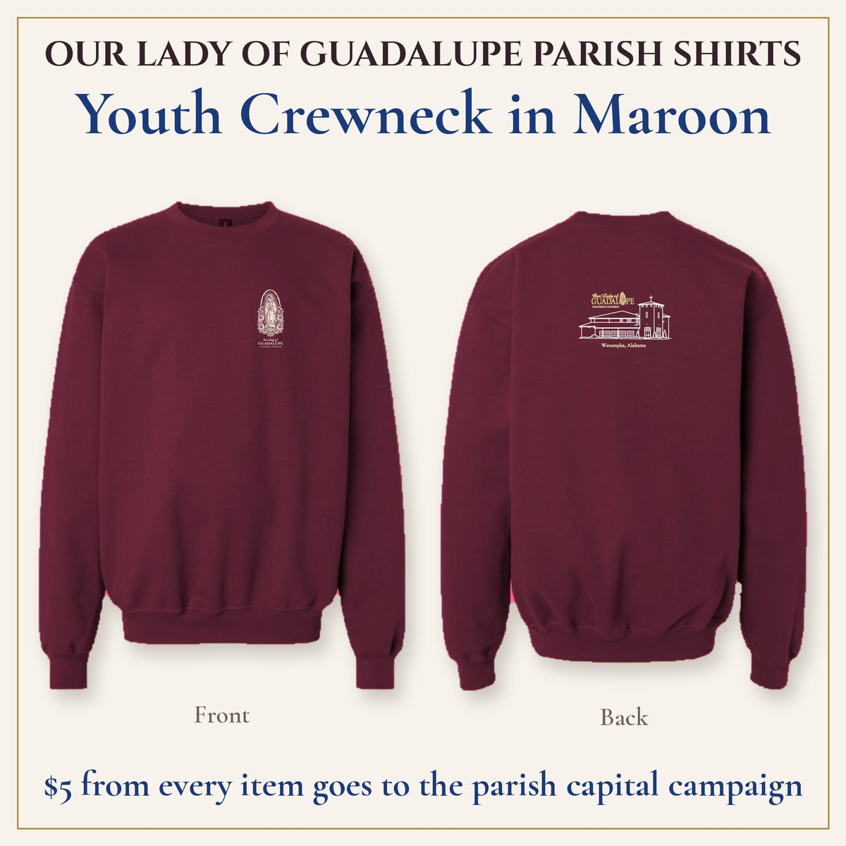 Youth Crewneck in Maroon, front and back