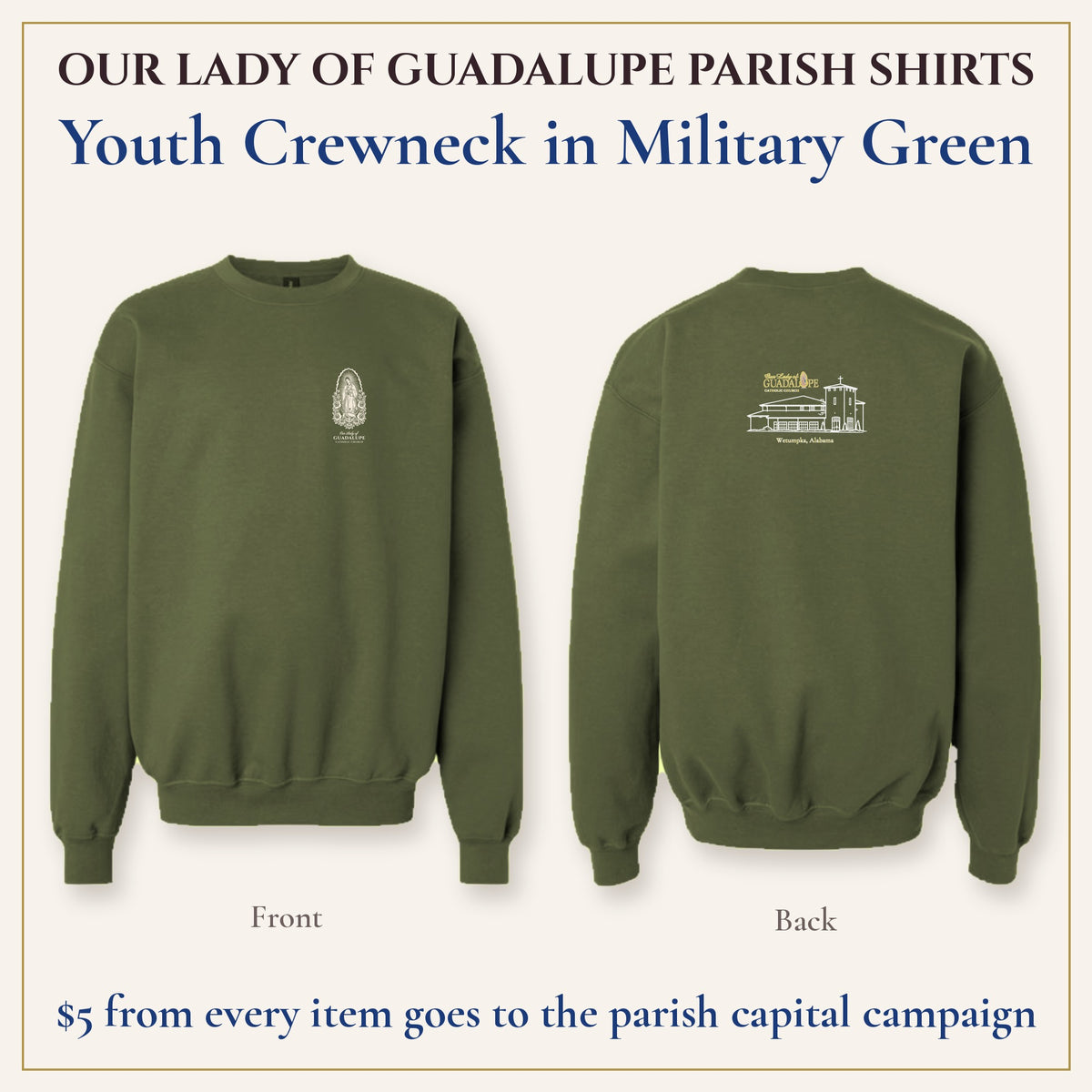 Youth Crewneck in Military Green, front and back