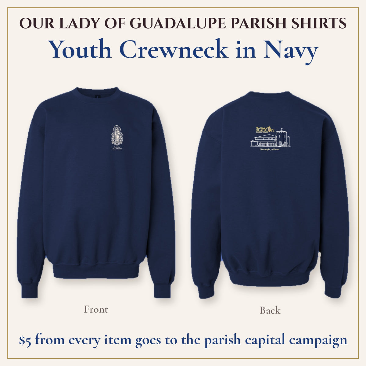 Youth Crewneck in Navy, front and back