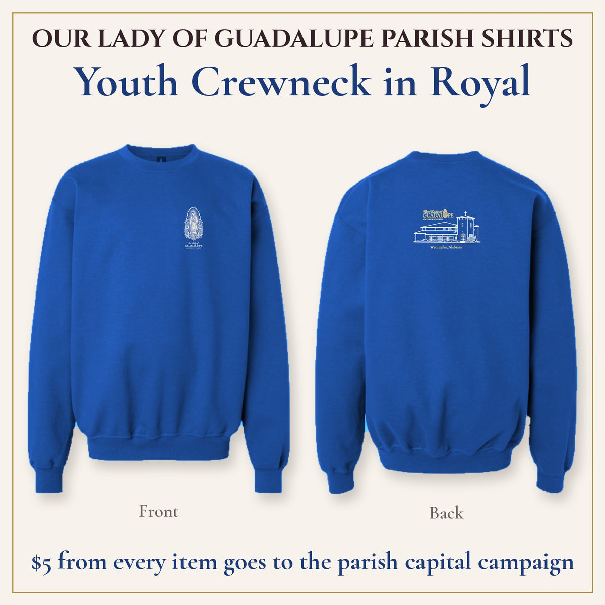 Youth Crewneck in Royal, front and back