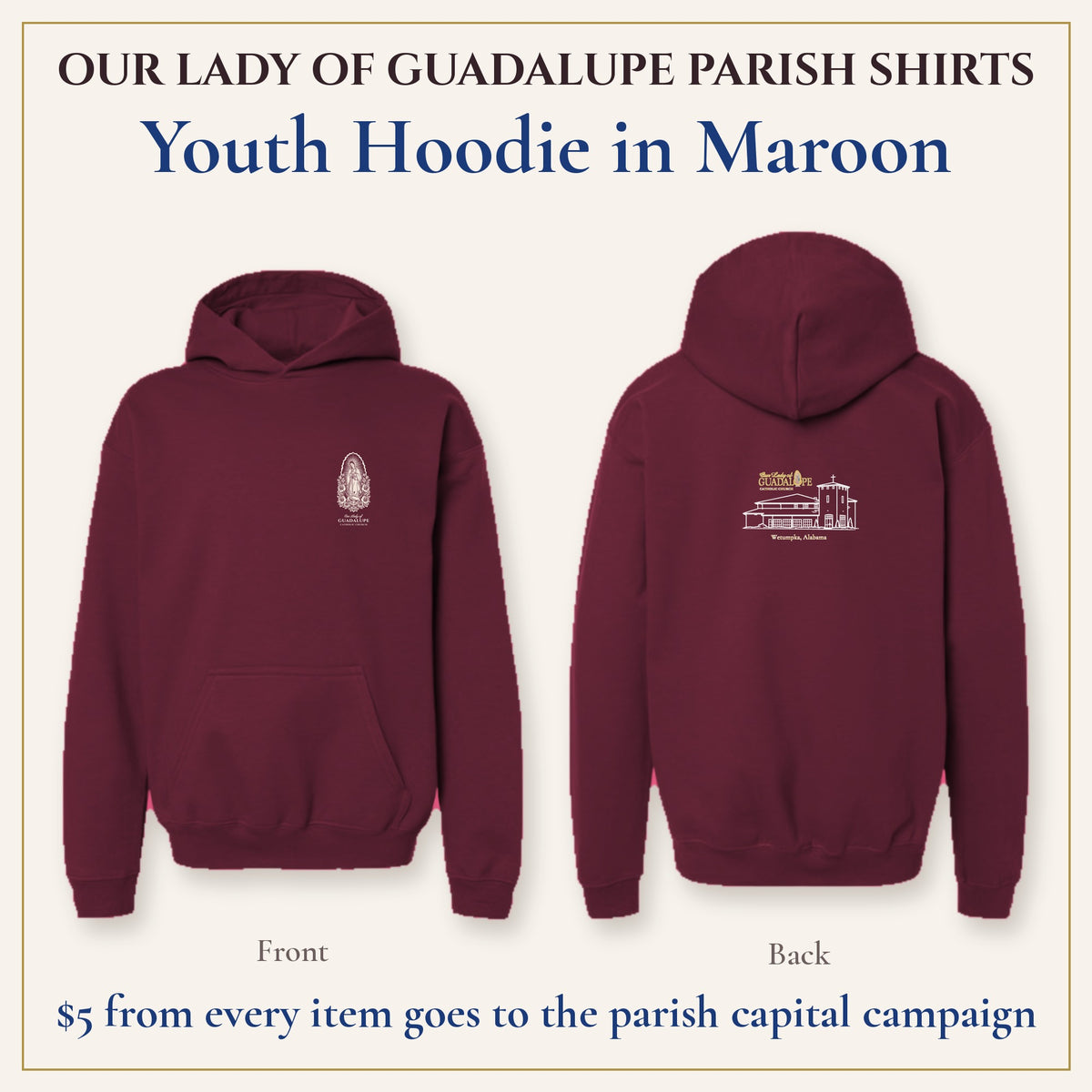 Youth Hoodie in Maroon, front and back