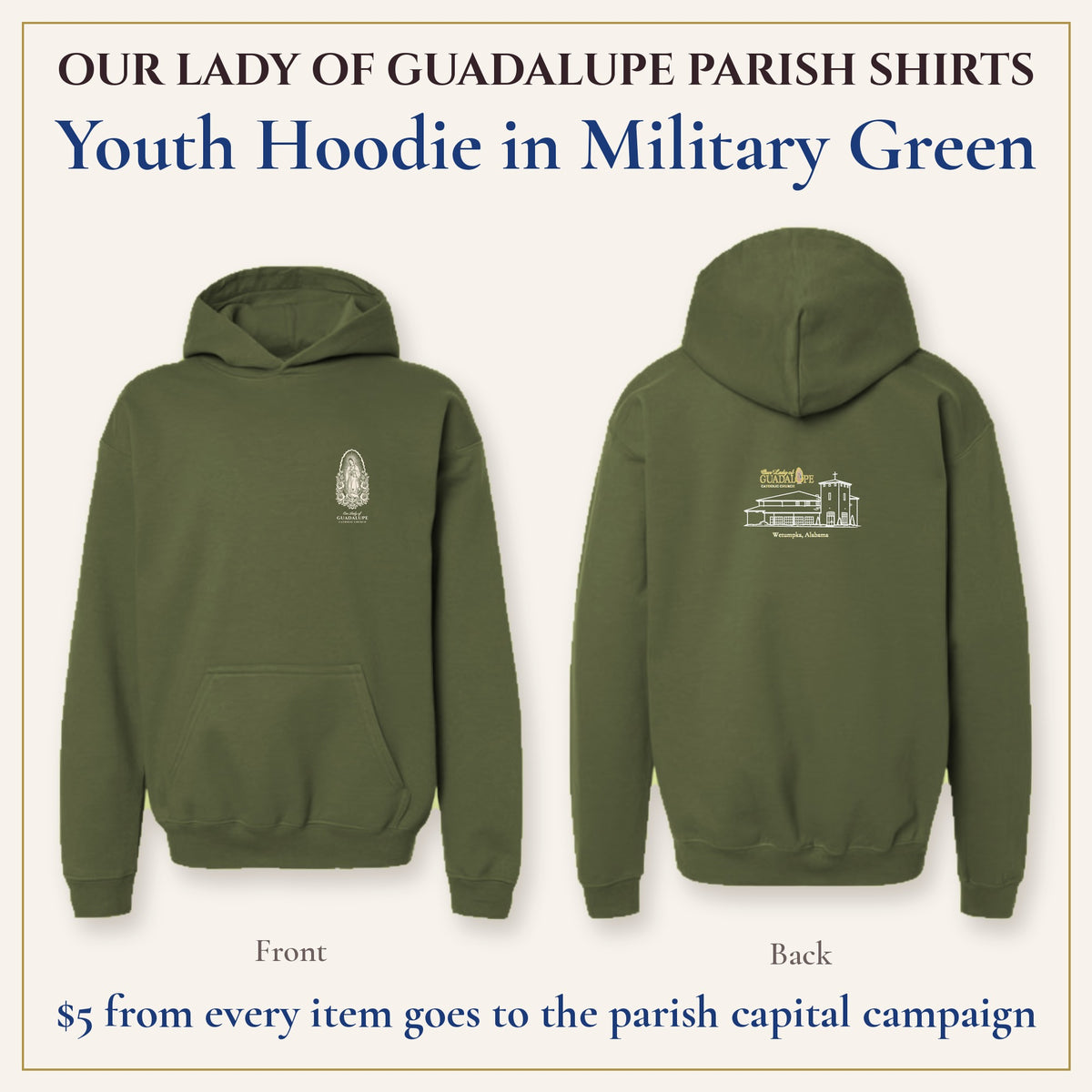 Youth Hoodie in Military Green, front and back