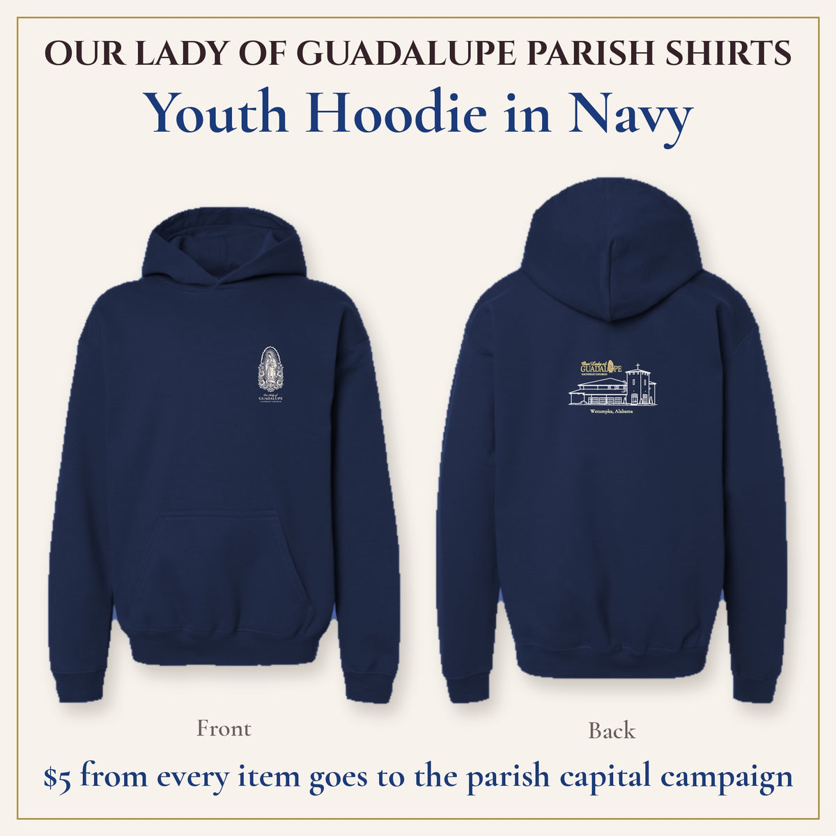 Youth Hoodie in Navy, front and back