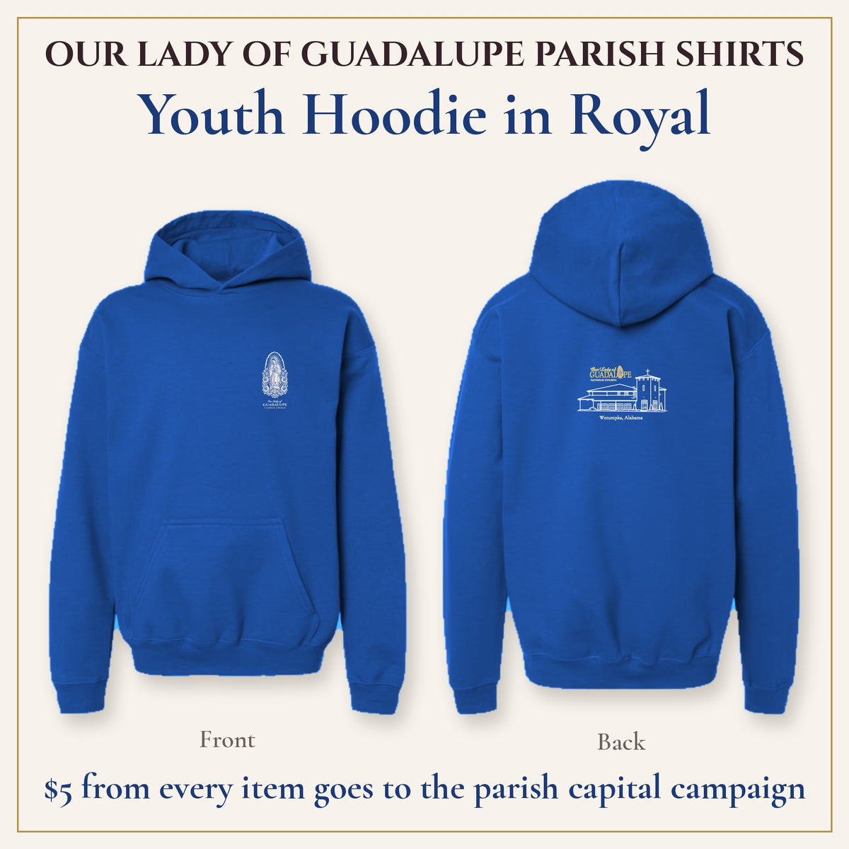 Youth Hoodie in Royal, front and back