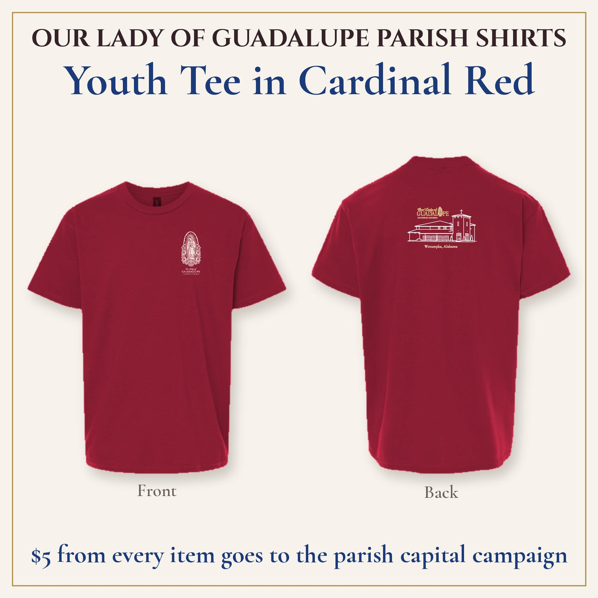 Youth Tee in Cardinal Red, front and back