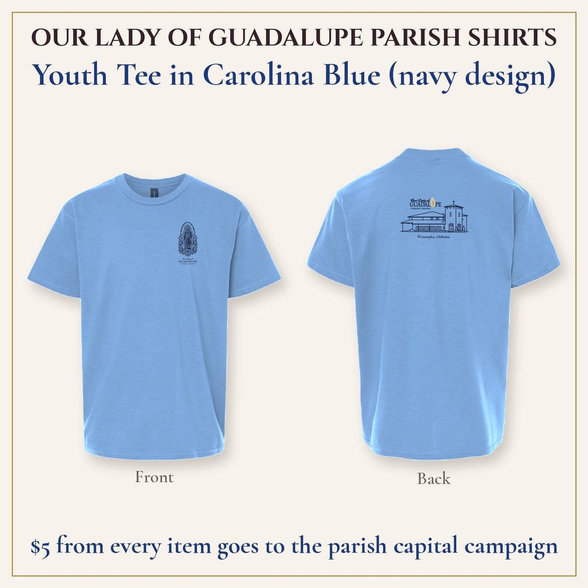 Youth Tee in Carolina Blue, front and back