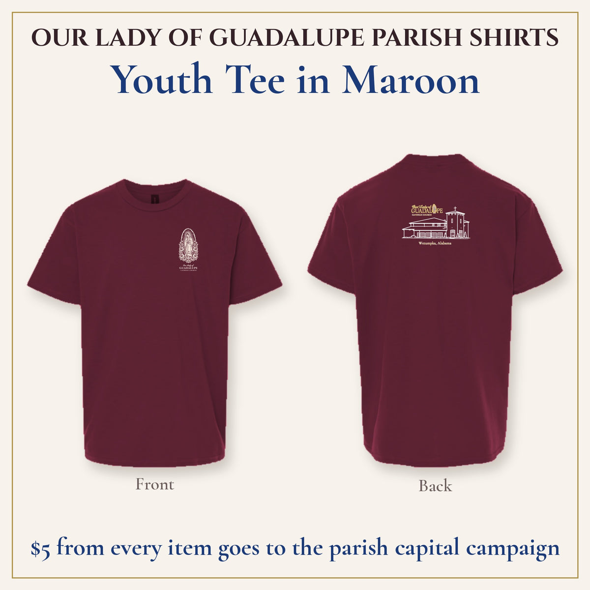 Youth Tee in Maroon, front and back