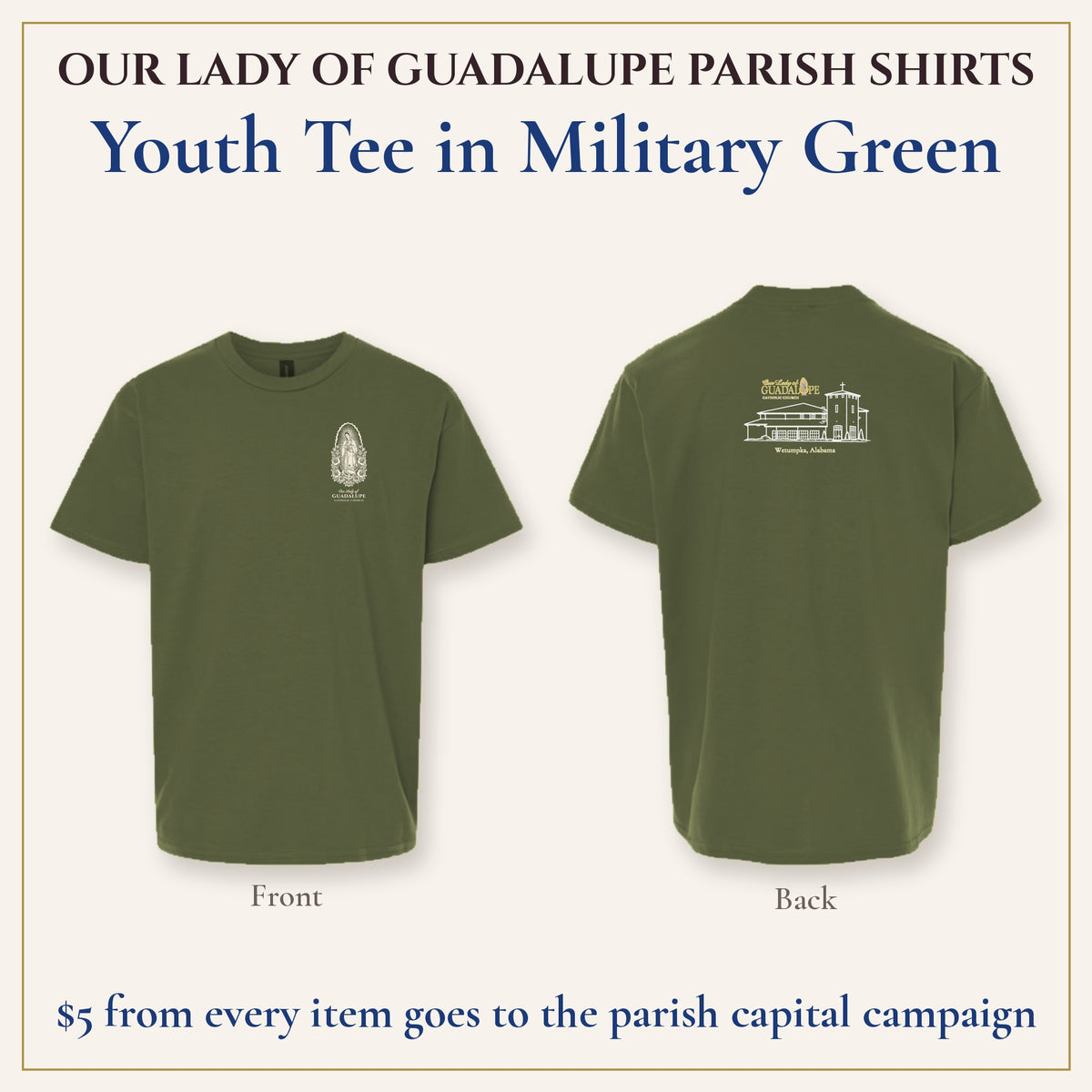 Youth Tee in Military Green, front and back
