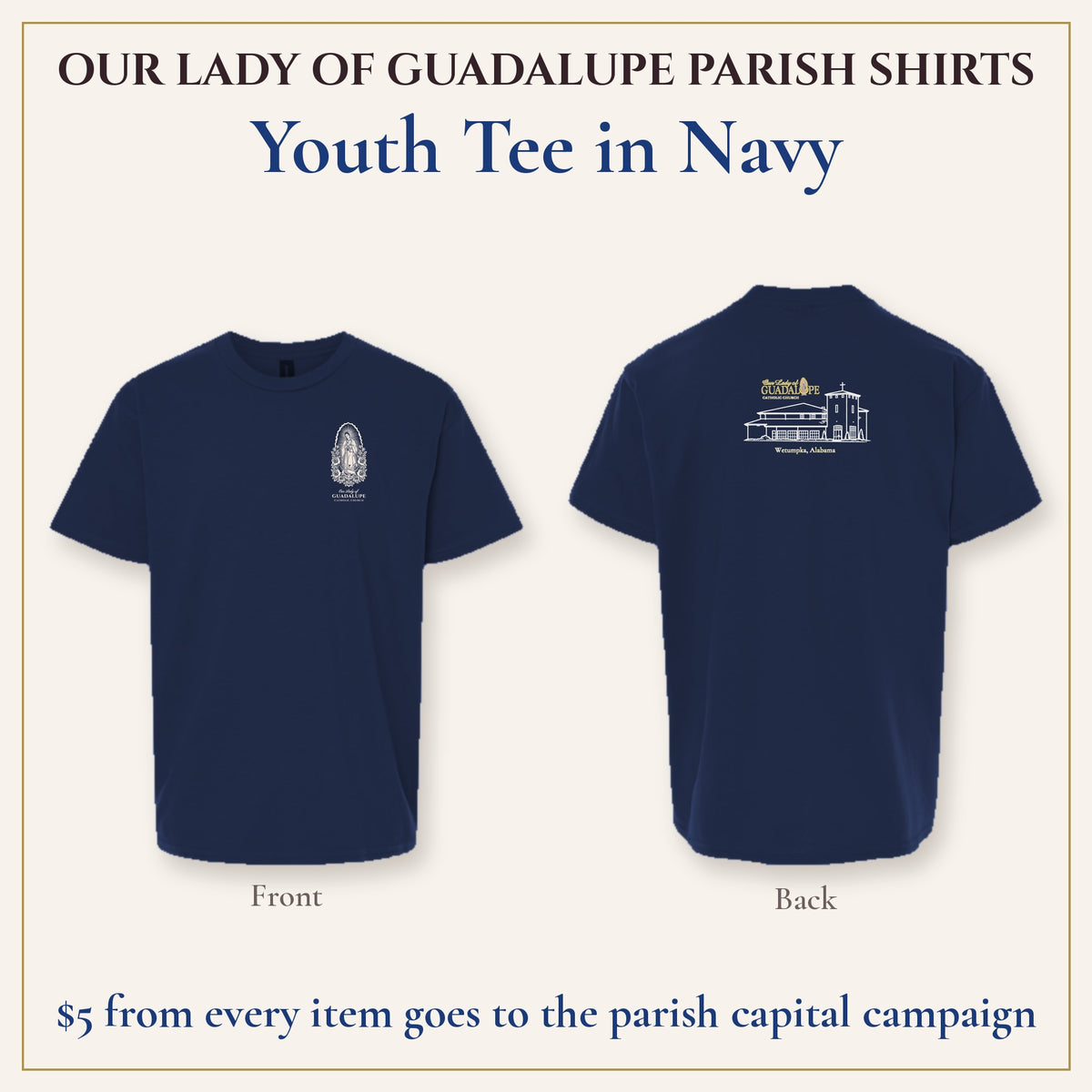 Youth Tee in Navy, front and back