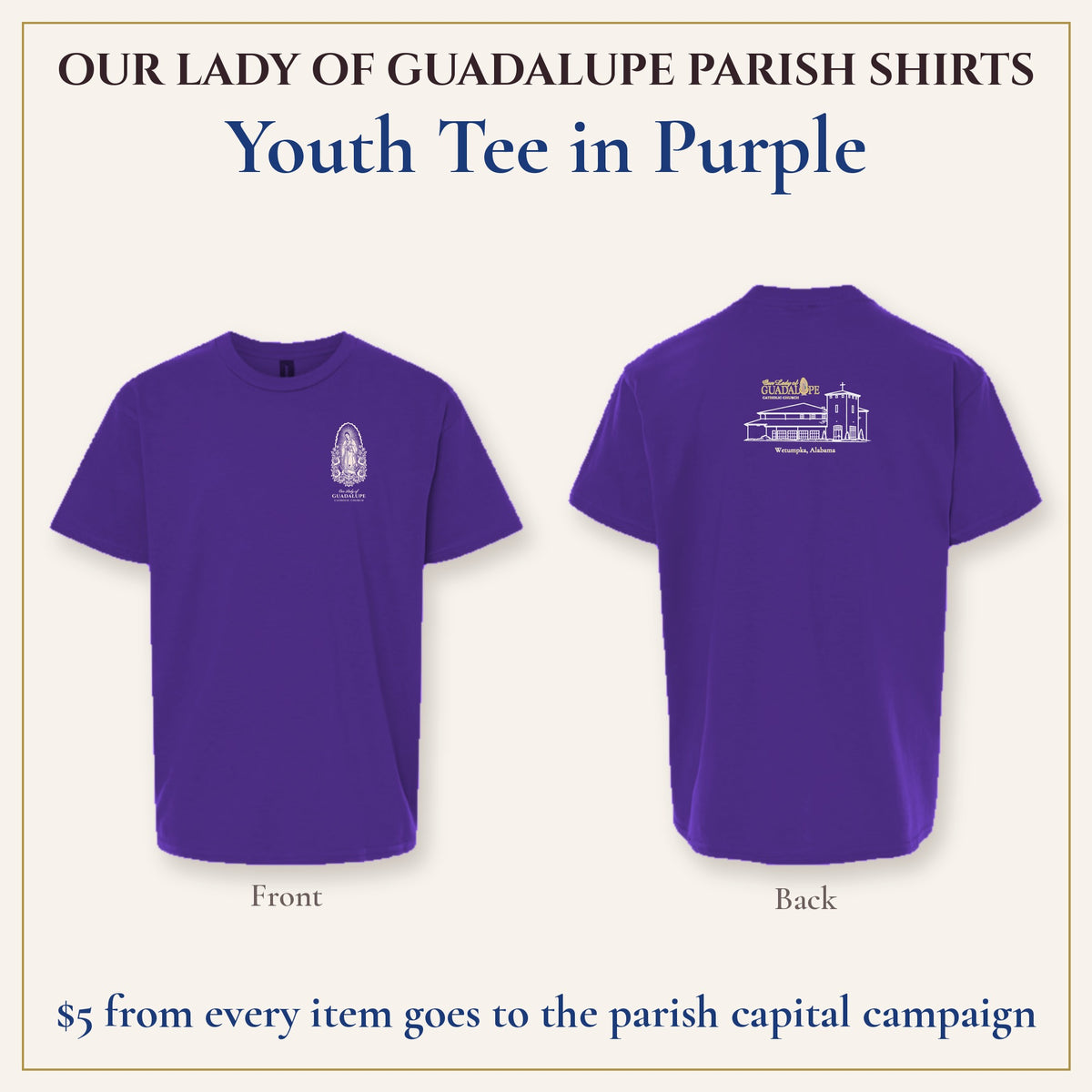 Youth Tee in Purple, front and back