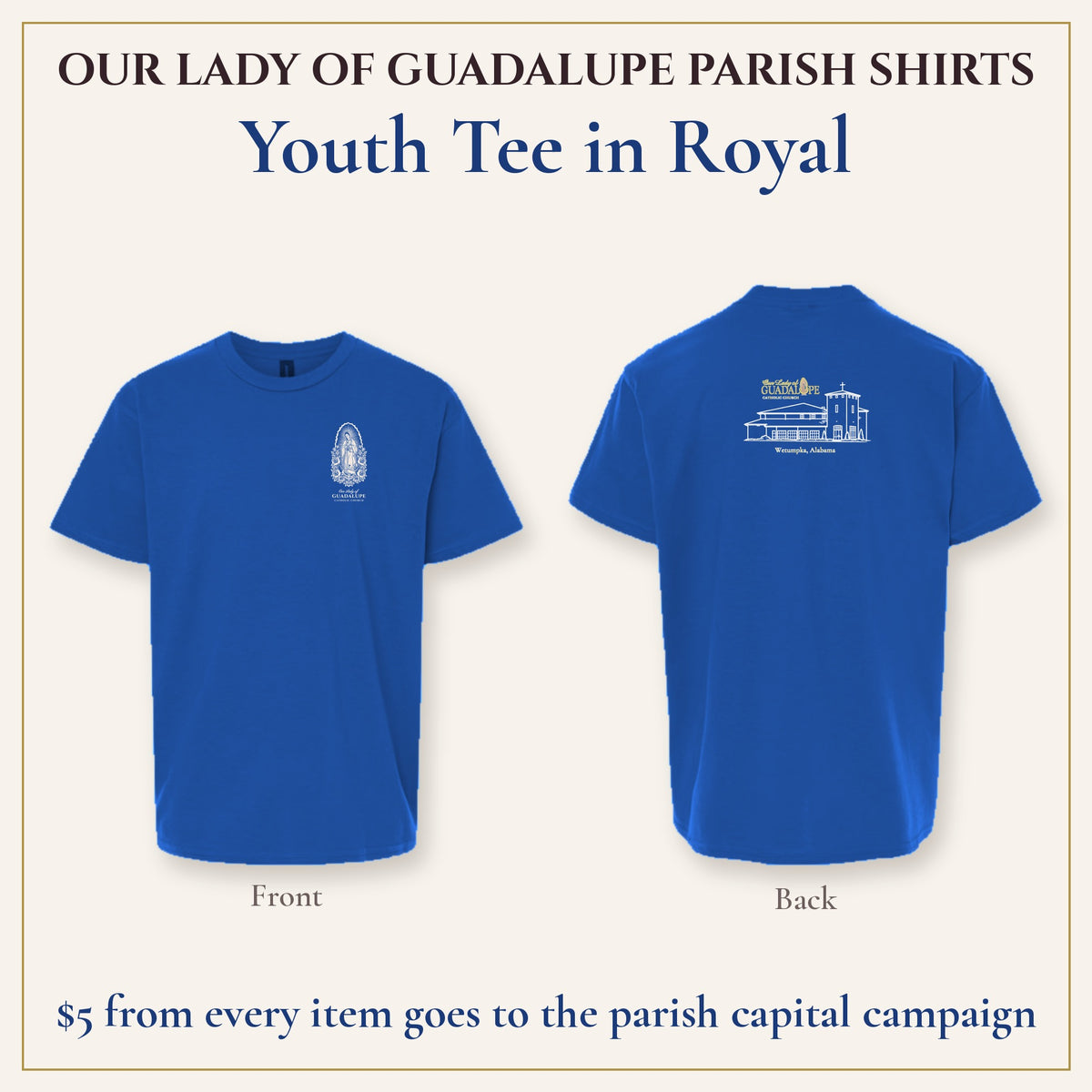 Youth Tee in Royal, front and back