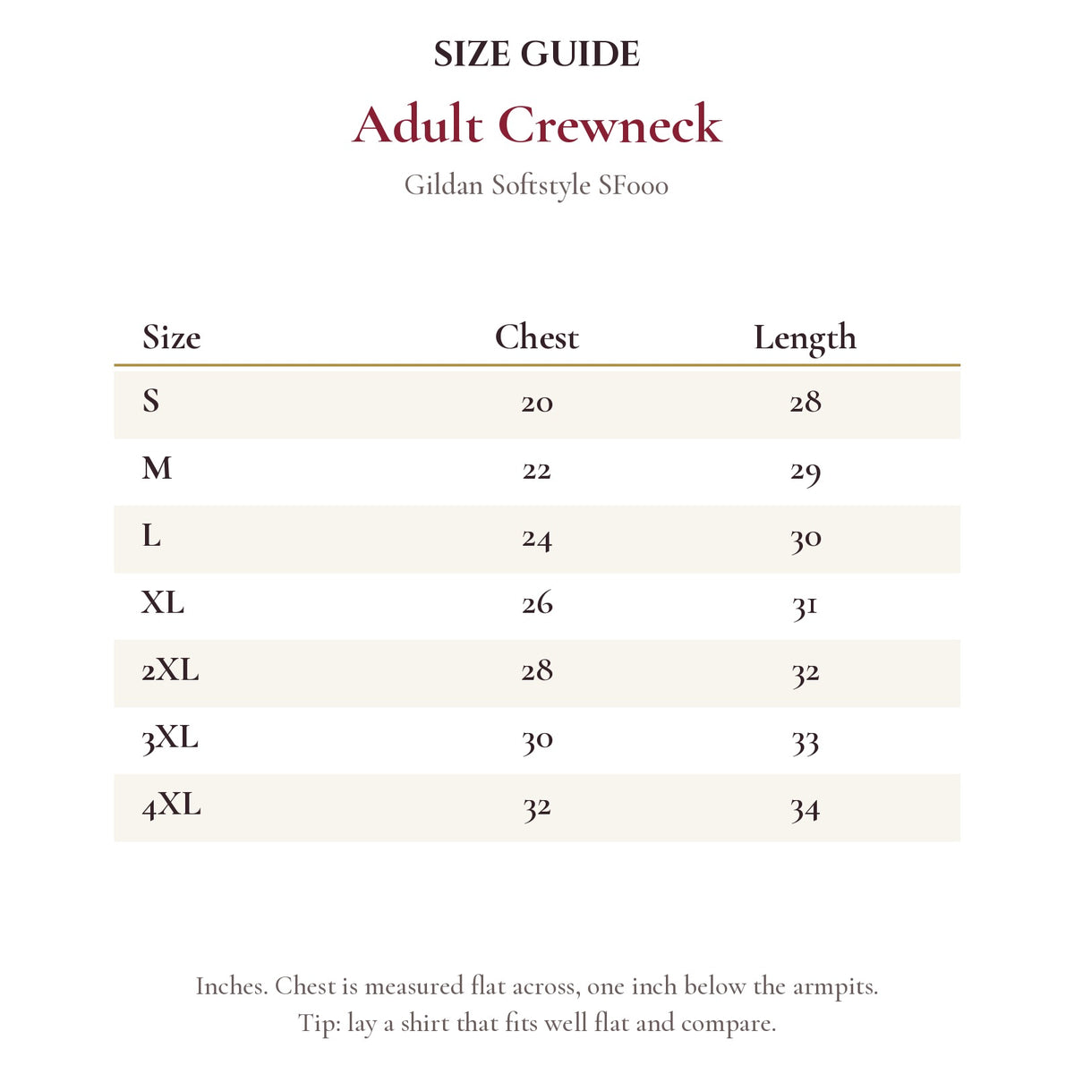 Adult Crewneck size chart