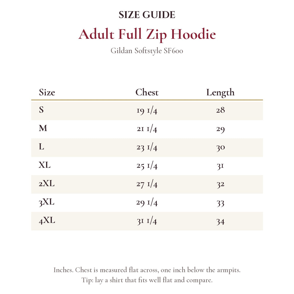 Adult Full Zip Hoodie size chart