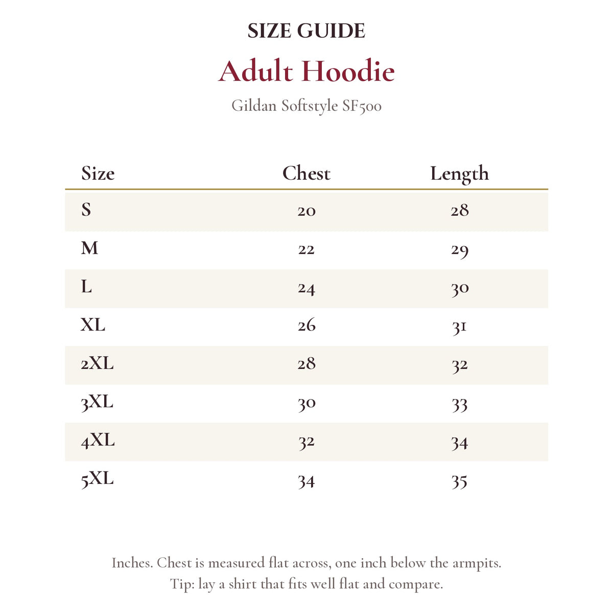 Adult Hoodie size chart