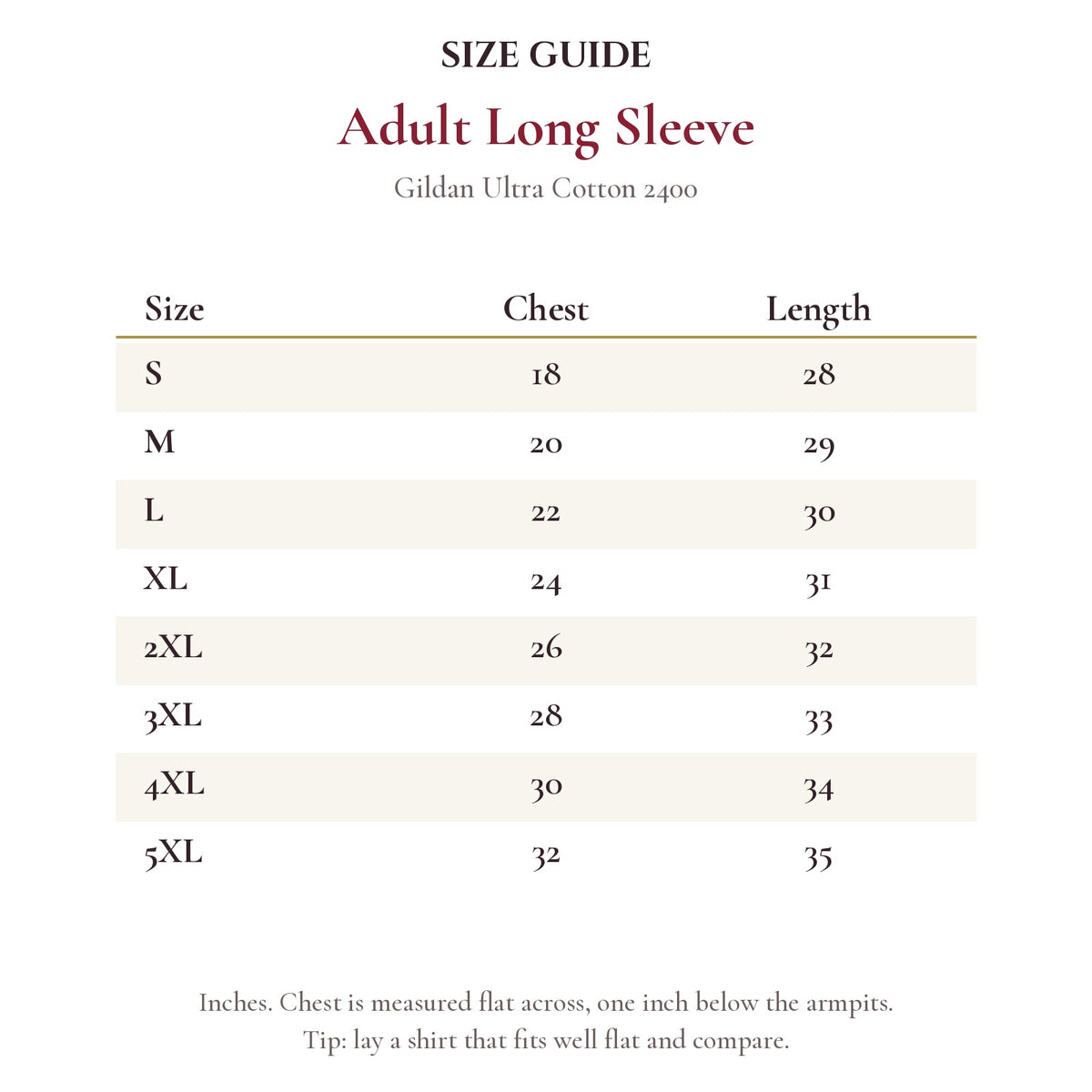 Adult Long Sleeve size chart