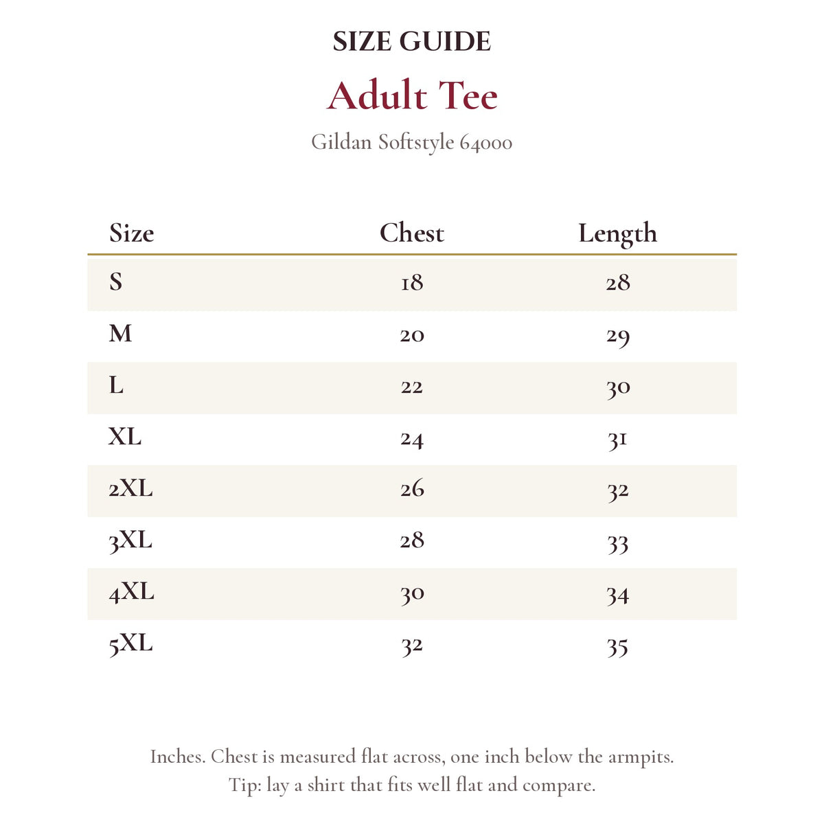 Adult Tee size chart