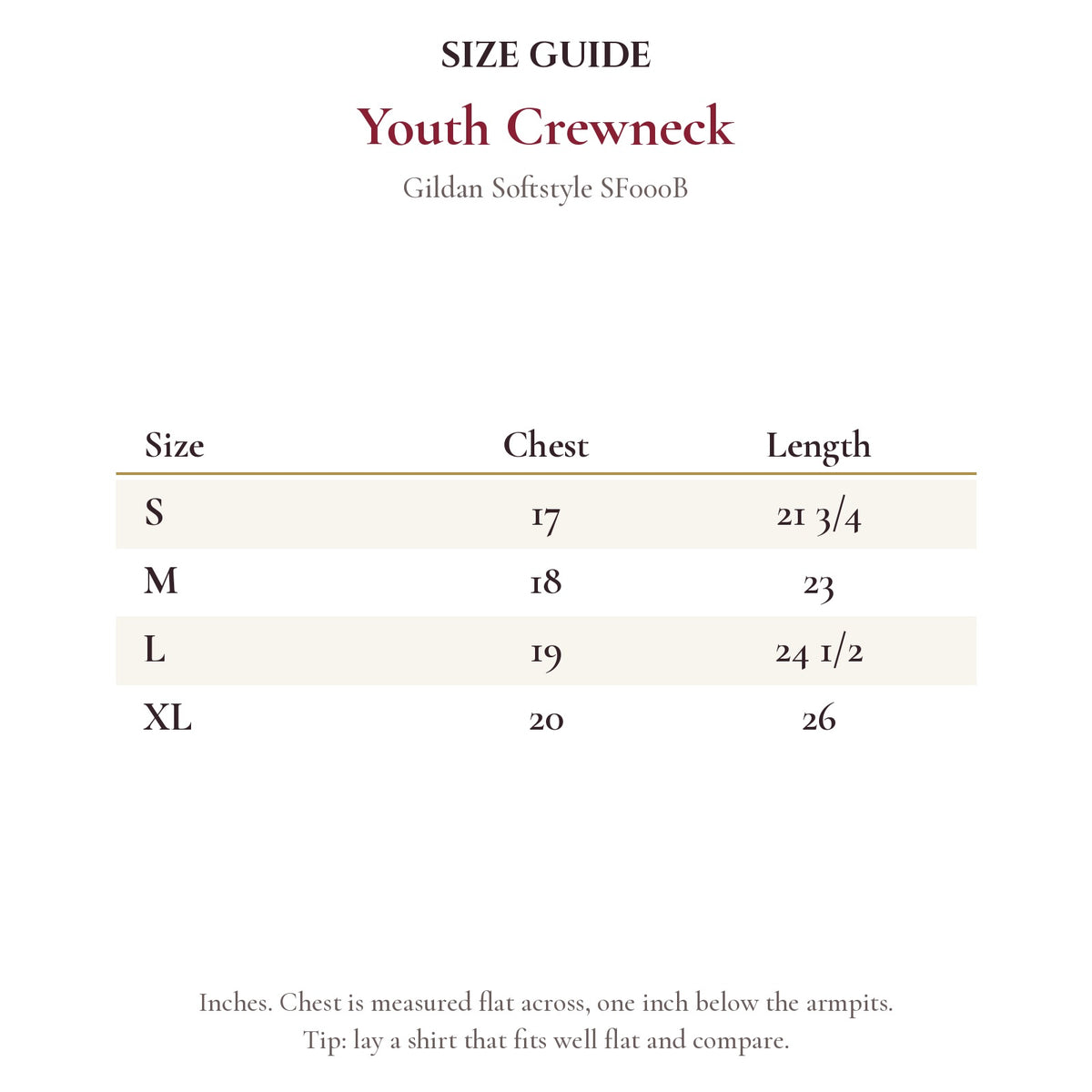 Youth Crewneck size chart