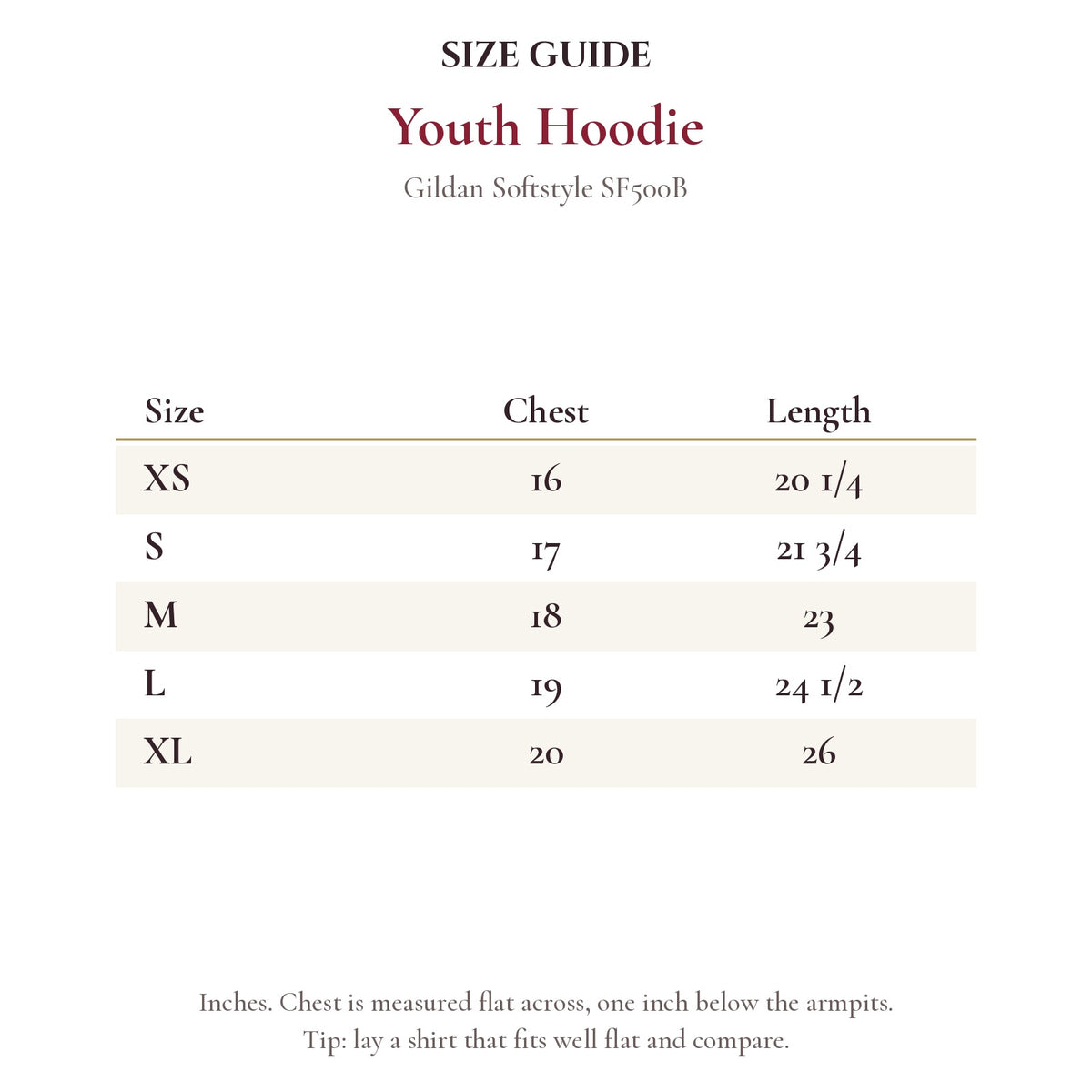 Youth Hoodie size chart