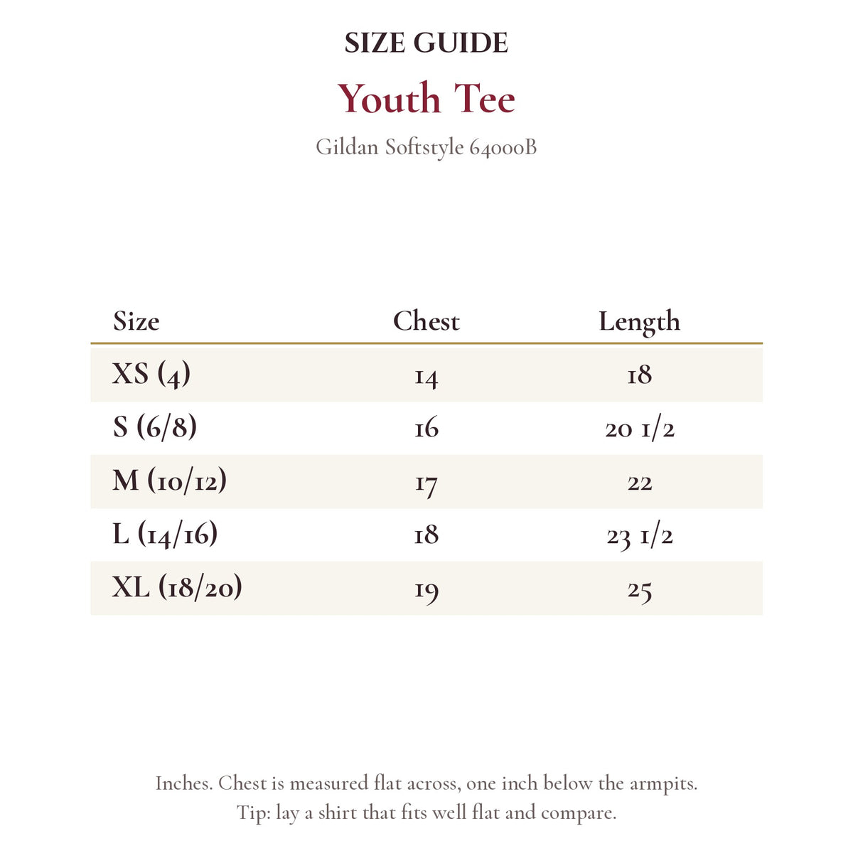 Youth Tee size chart