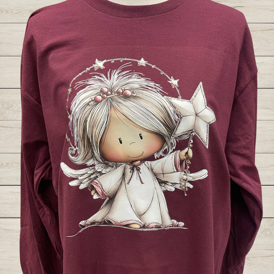 Star Wand Angel Christmas Long Sleeve Shirt – Adorable Holiday Angel Graphic Tee – Whimsical Christmas Star Design