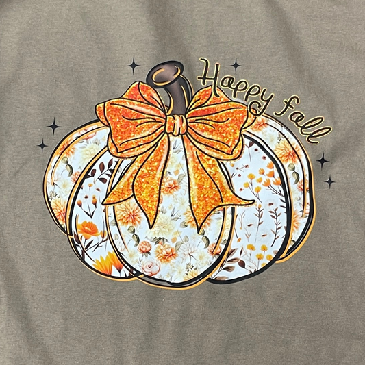 Floral Pumpkin Happy Fall T-Shirt, Autumn Pumpkin Shirt with Glitter Bow, Cute Fall Graphic Tee, Cozy Floral Autumn Shirt for Women