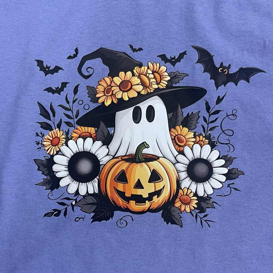 Ghost Witch Pumpkin T-Shirt - Fall Halloween Ghost Jack O'Lantern with Flowers & Bats, Cute Halloween Graphic Tee