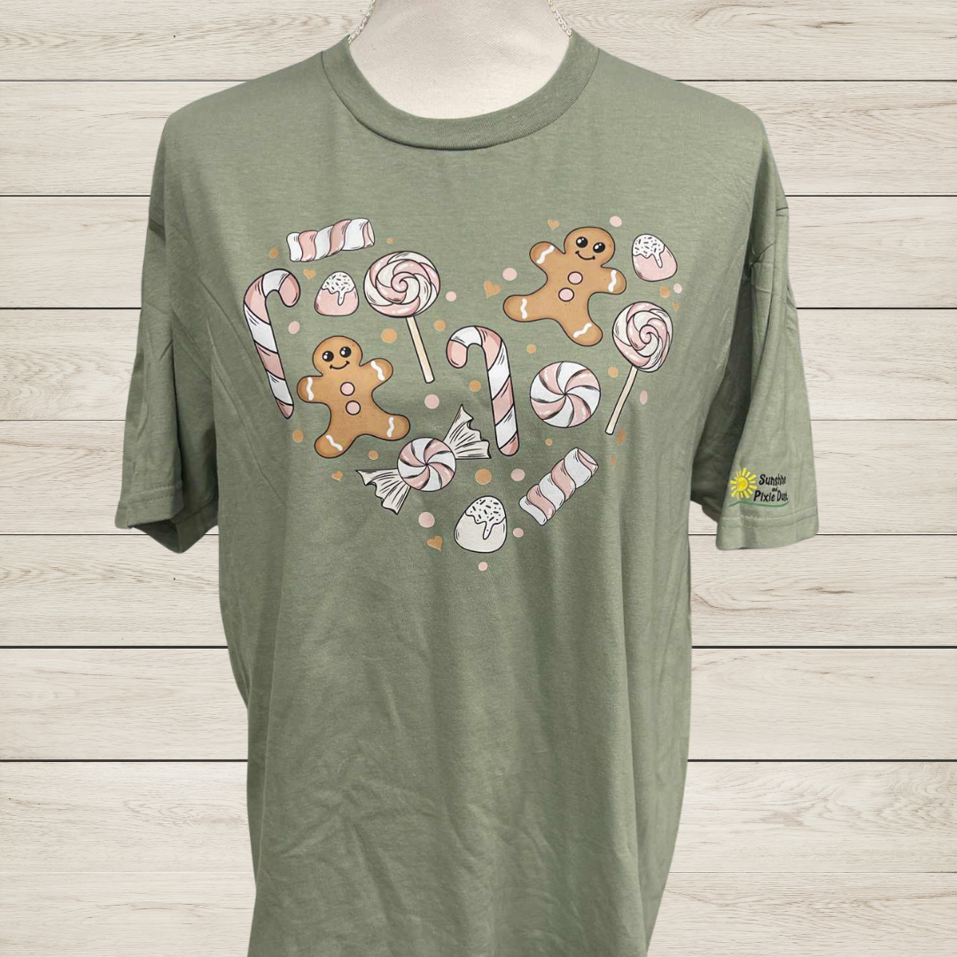 Gingerbread Candy Heart Christmas T-Shirt – Holiday Sweets Tee – Gingerbread Man Candy Cane Shirt – Cute Christmas Baking Shirt