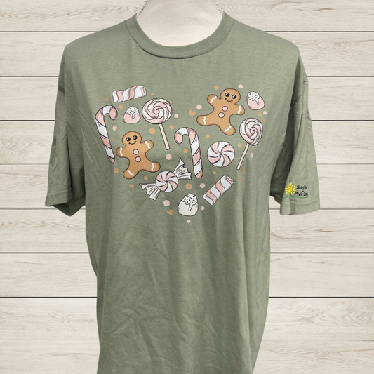 Gingerbread Candy Heart Christmas T-Shirt – Holiday Sweets Tee – Gingerbread Man Candy Cane Shirt – Cute Christmas Baking Shirt