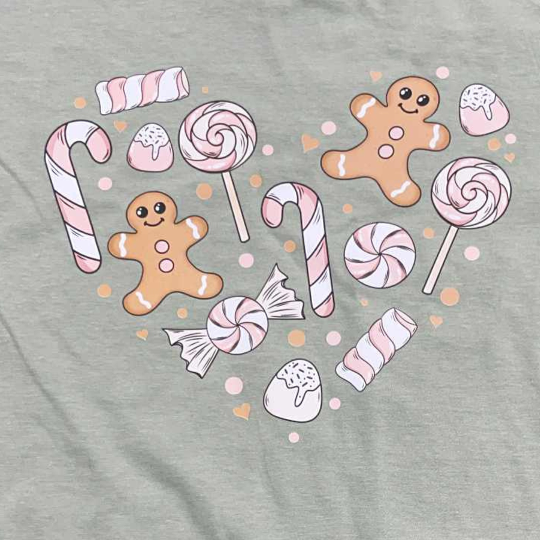 Gingerbread Candy Heart Christmas T-Shirt – Holiday Sweets Tee – Gingerbread Man Candy Cane Shirt – Cute Christmas Baking Shirt