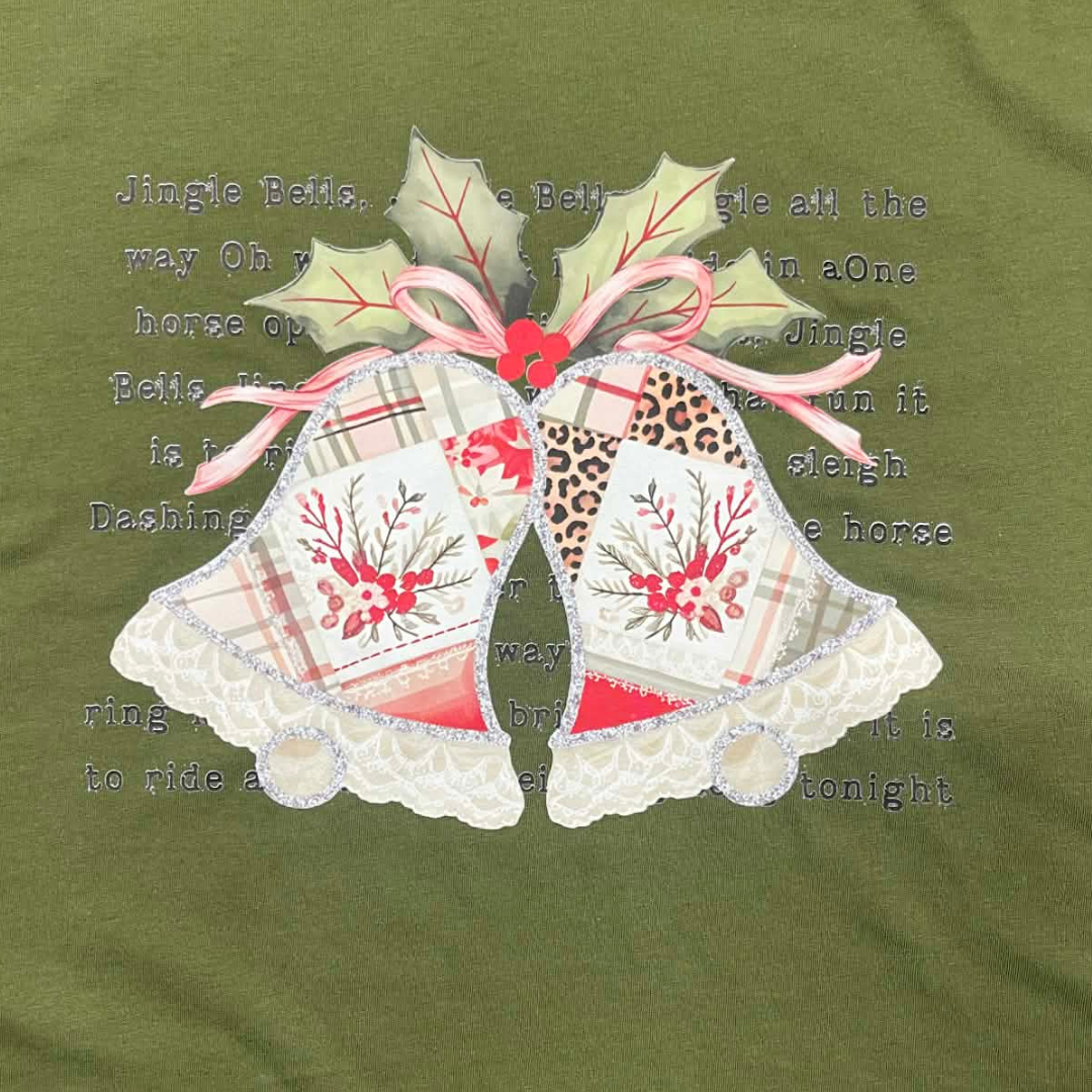 Patchwork Christmas Jingle Bells Shirt • Vintage Style Holiday Bells Tee • Festive Christmas Graphic Top with Script Background • Winter Seasonal Shirt