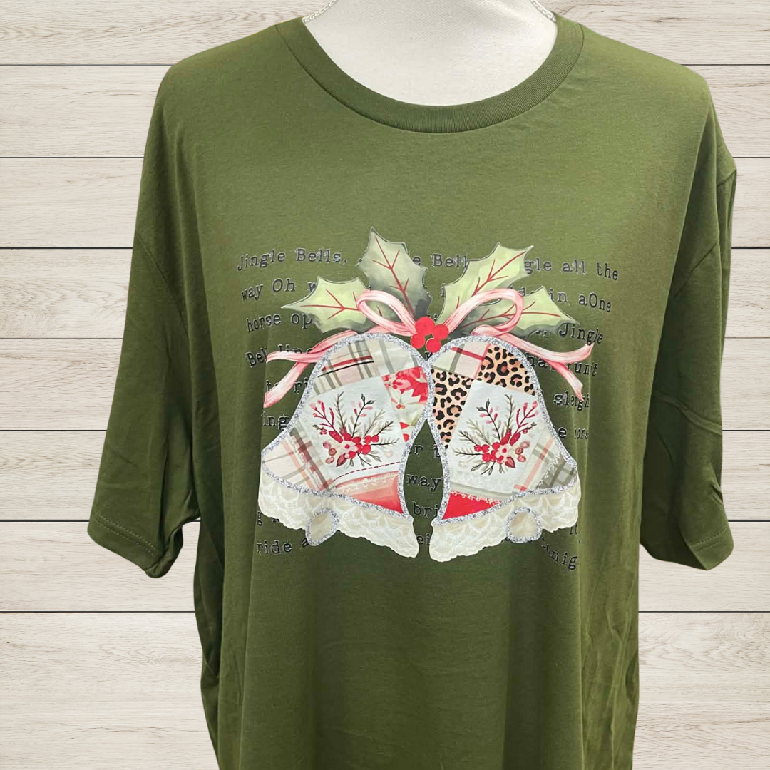Patchwork Christmas Jingle Bells Shirt • Vintage Style Holiday Bells Tee • Festive Christmas Graphic Top with Script Background • Winter Seasonal Shirt