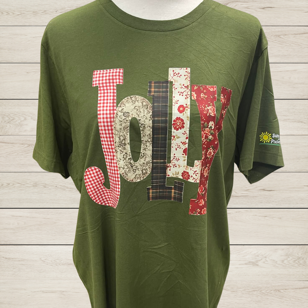 Vintage Patchwork Jolly Christmas T-Shirt • Retro Holiday Lettering Tee • Festive Christmas Graphic Shirt
