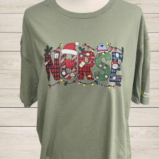 Christmas Nurse T-Shirt | Holiday Nurse Shirt with Lights and Santa Hat | Festive Nursing Graphic Tee