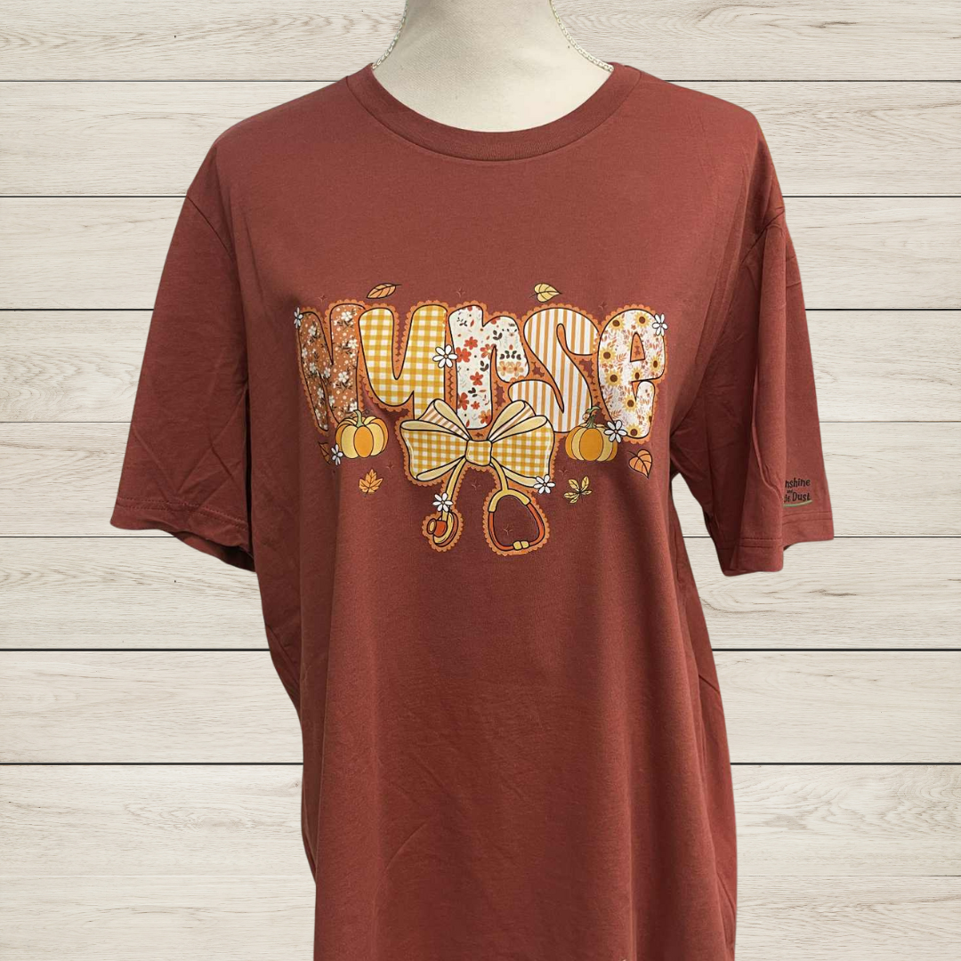 Fall Nurse T-Shirt | Autumn Nurse Shirt with Pumpkins and Gingham Bow | Cute Nursing Graphic Tee