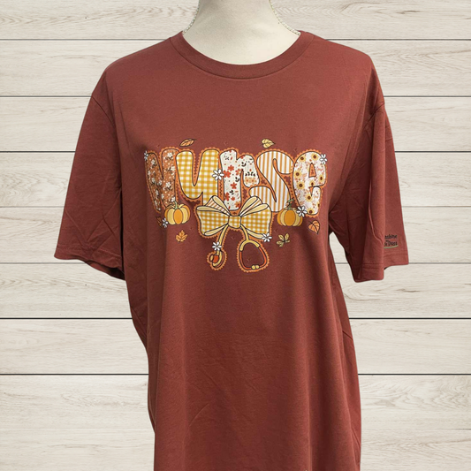Fall Nurse T-Shirt | Autumn Nurse Shirt with Pumpkins and Gingham Bow | Cute Nursing Graphic Tee