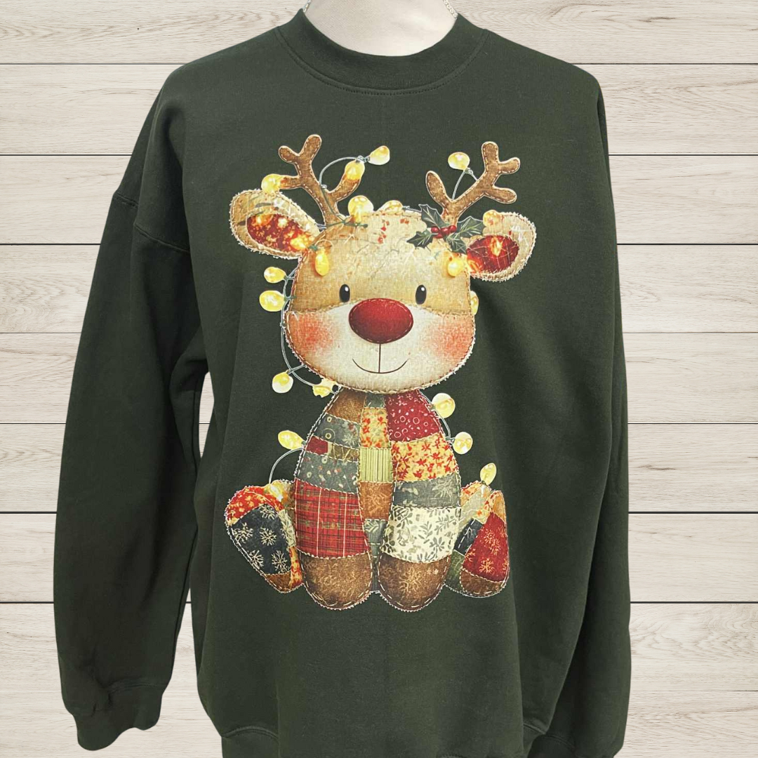 Patchwork Reindeer Christmas Sweatshirt | Cozy Holiday Reindeer Pullover | Cute Rustic Christmas Shirt for Winter