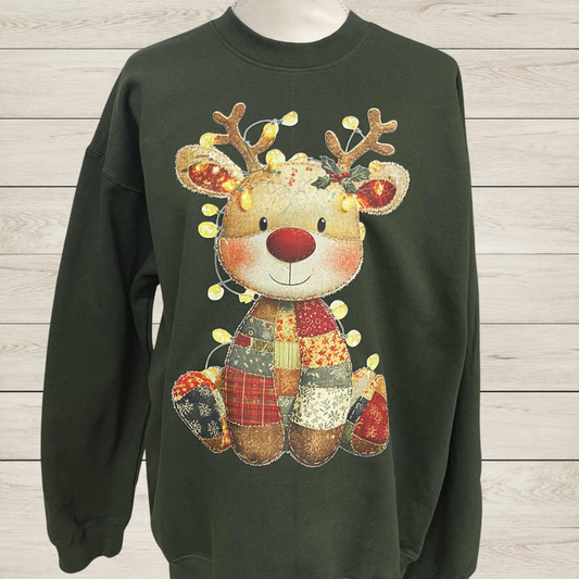 Patchwork Reindeer Christmas Sweatshirt | Cozy Holiday Reindeer Pullover | Cute Rustic Christmas Shirt for Winter
