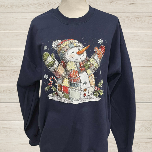 Patchwork Snowman Christmas Sweatshirt | Winter Snowman Pullover | Whimsical Holiday Shirt for the Season
