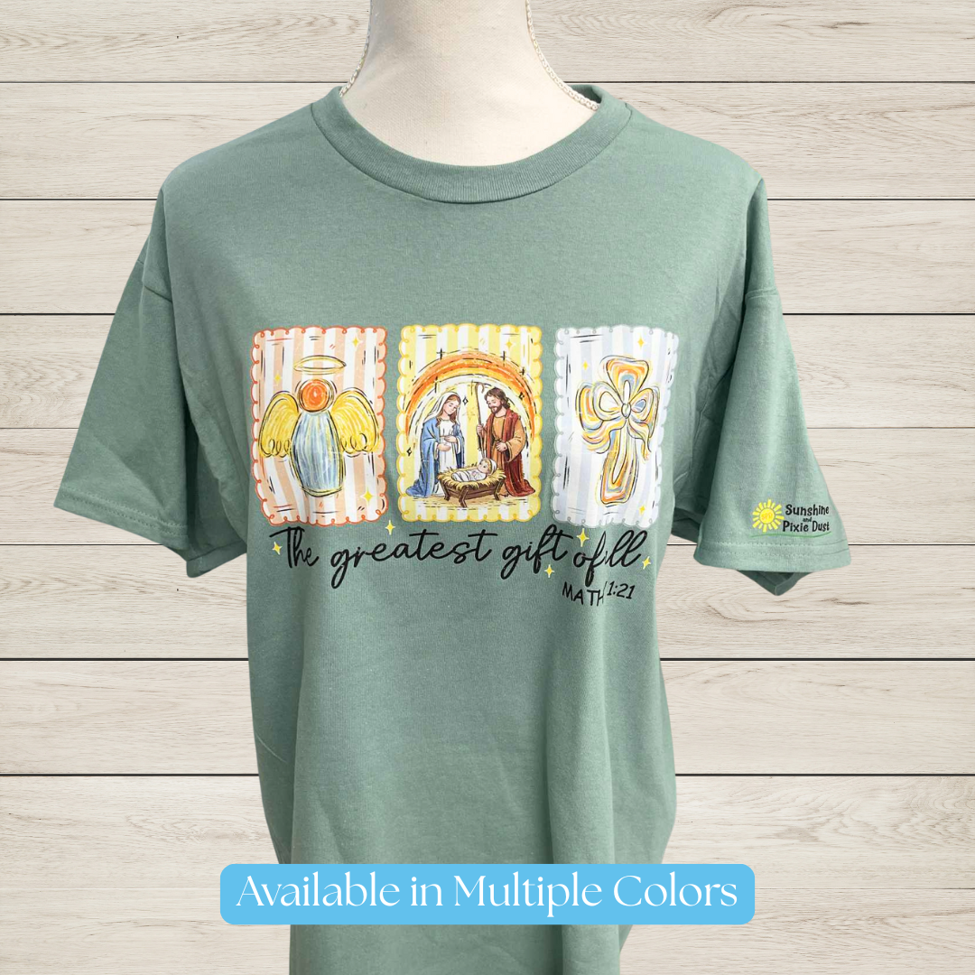 The Greatest Gift of All Christmas Shirt | Nativity Christian Christmas Tee | Matthew 1:21 Shirt | Faith Based Holiday Graphic Tee