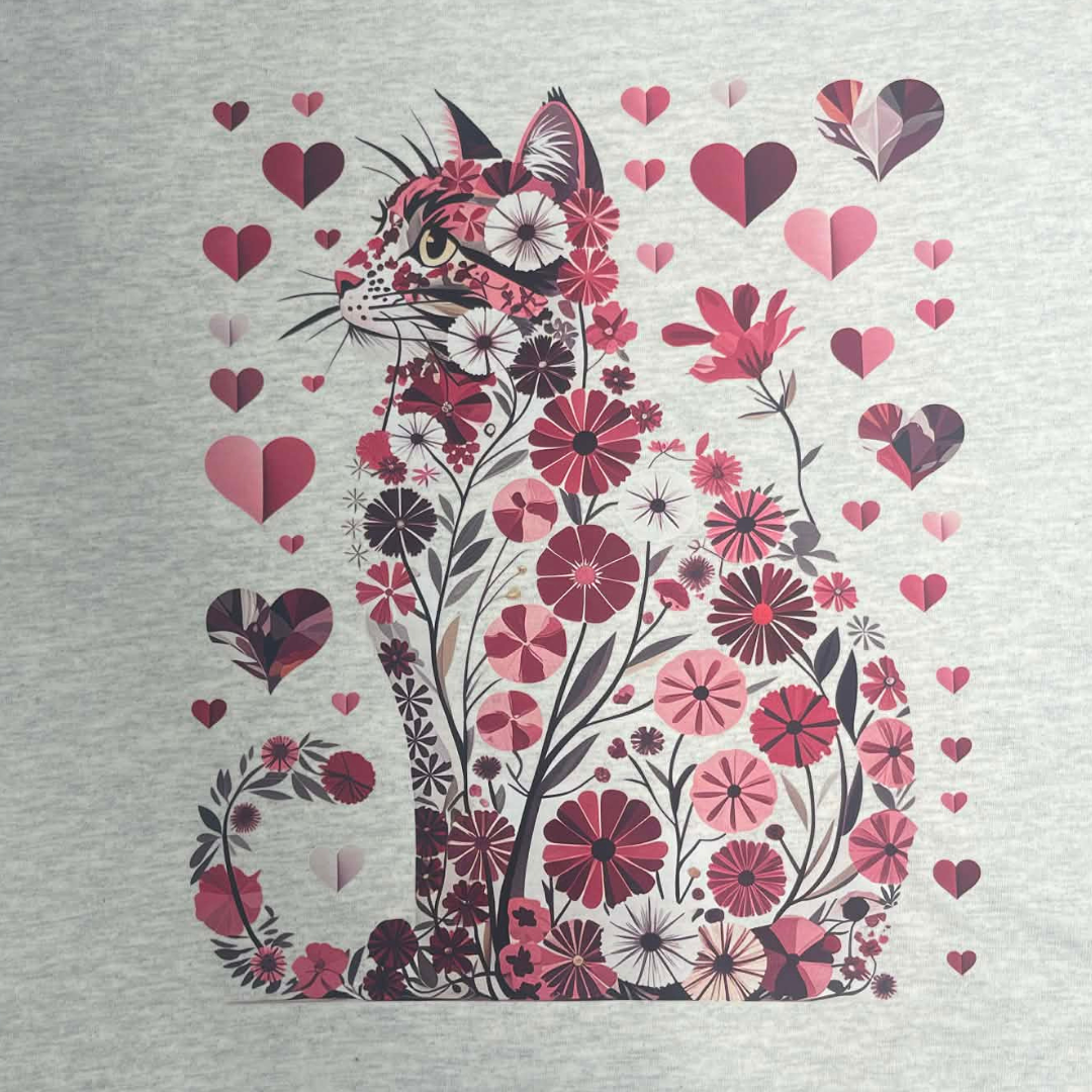 Floral Cat Graphic Long Sleeve Shirt with Hearts | Cute Cat Lover Valentine Top | Artsy Floral Animal Design | Cozy Creative Apparel