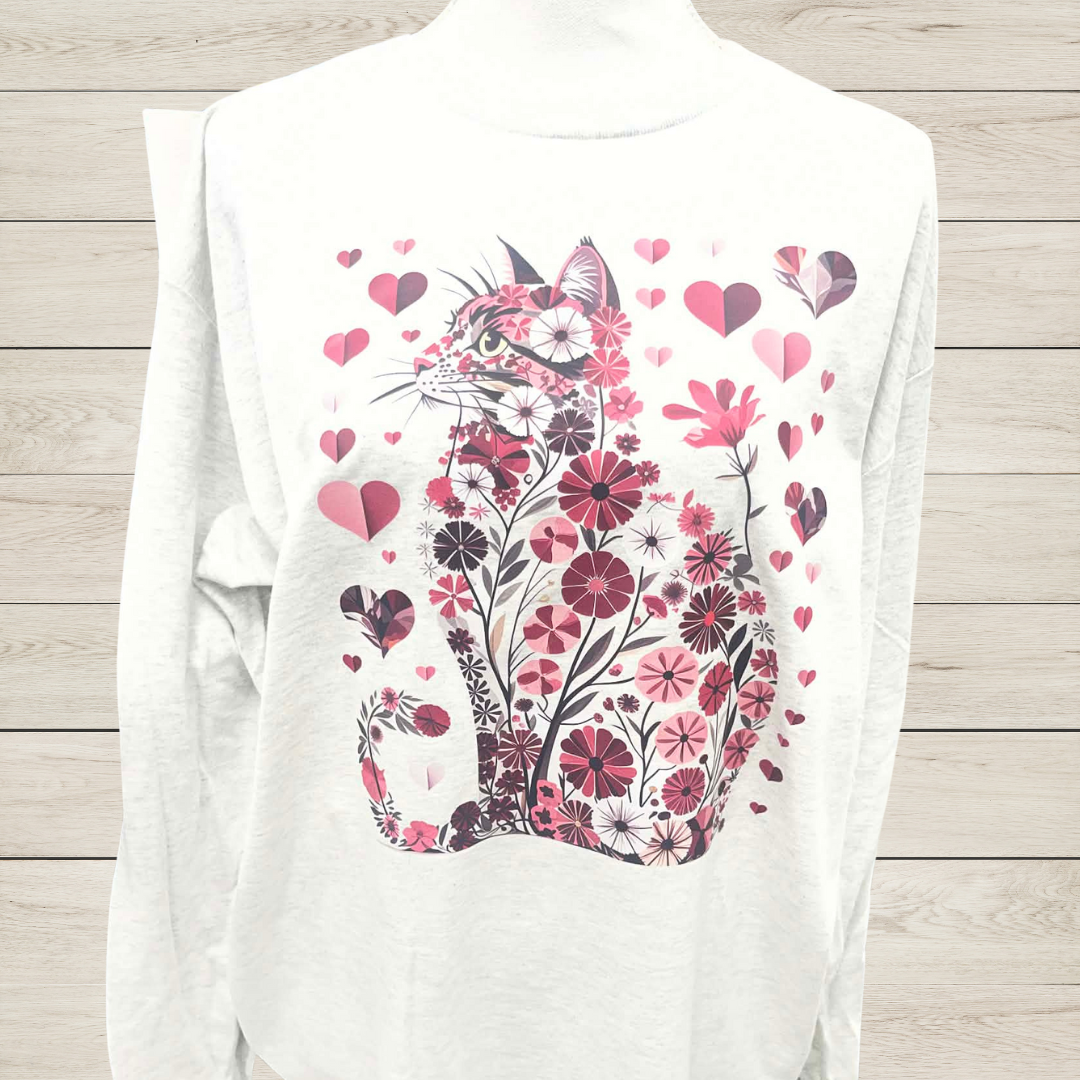 Floral Cat Graphic Long Sleeve Shirt with Hearts | Cute Cat Lover Valentine Top | Artsy Floral Animal Design | Cozy Creative Apparel