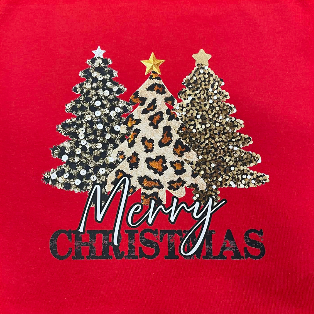 Merry Christmas Sequin Trees Long Sleeve Shirt • Leopard Christmas Tree Top • Holiday Tee • Glitter Tree Graphic Shirt • Festive Christmas Shirt