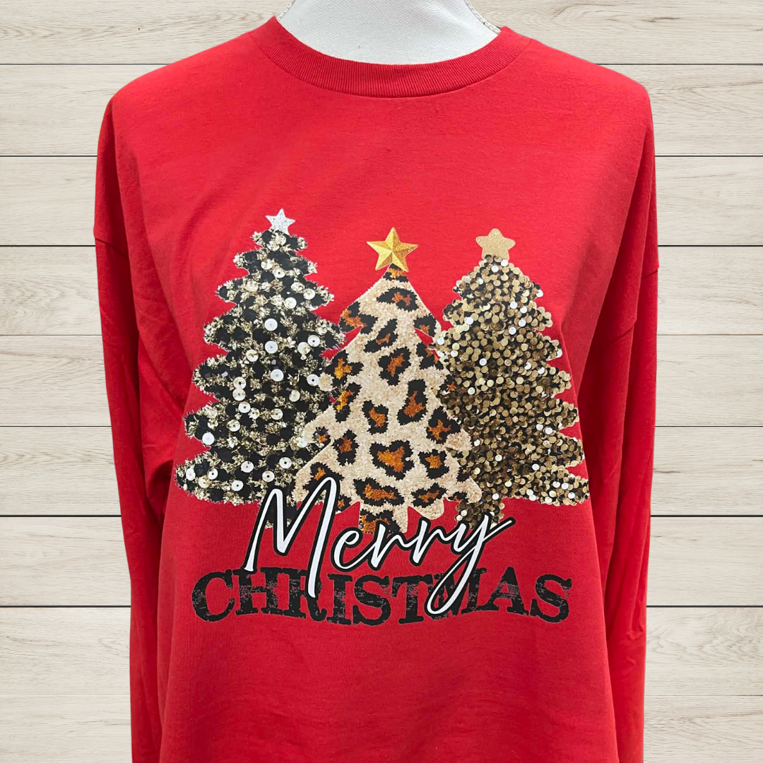 Merry Christmas Sequin Trees Long Sleeve Shirt • Leopard Christmas Tree Top • Holiday Tee • Glitter Tree Graphic Shirt • Festive Christmas Shirt