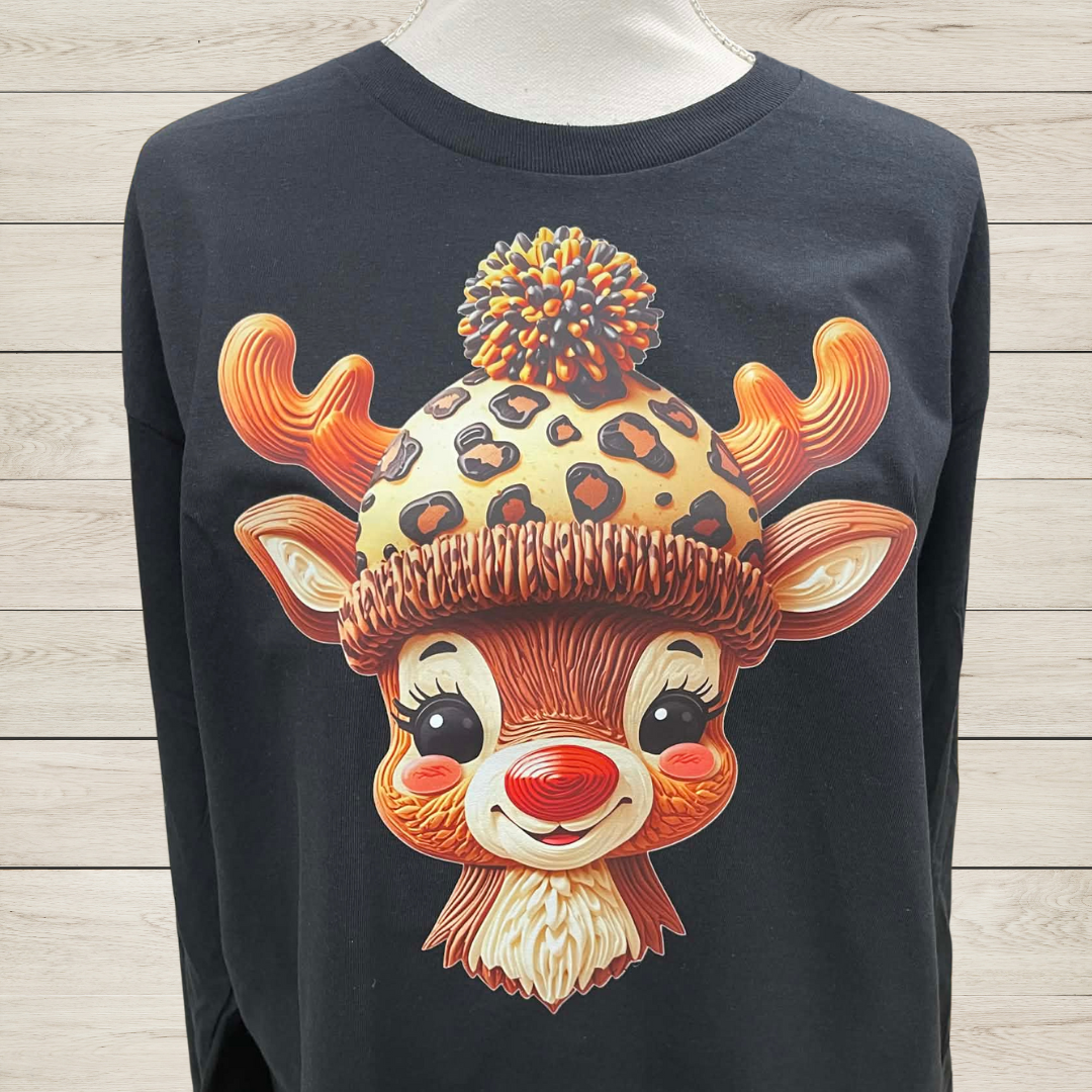 Cute Reindeer Christmas Long Sleeve Shirt • Leopard Hat Reindeer Tee • Holiday Graphic Top • Adorable Christmas Reindeer Shirt