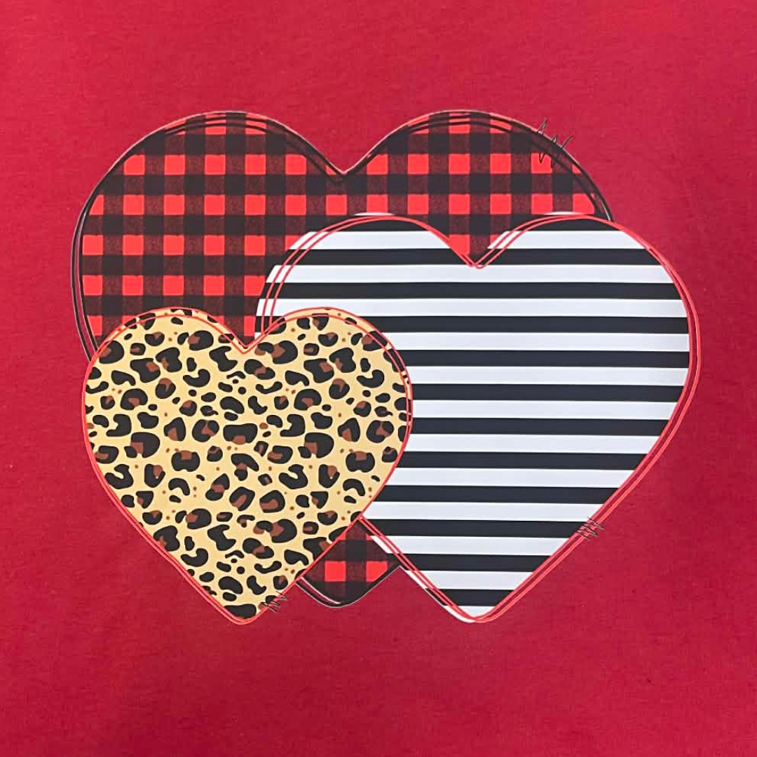 Valentine Heart Trio Graphic T-Shirt | Patterned Heart Love Shirt | Mixed Pattern Valentine Tee | Trendy Heart Shirt