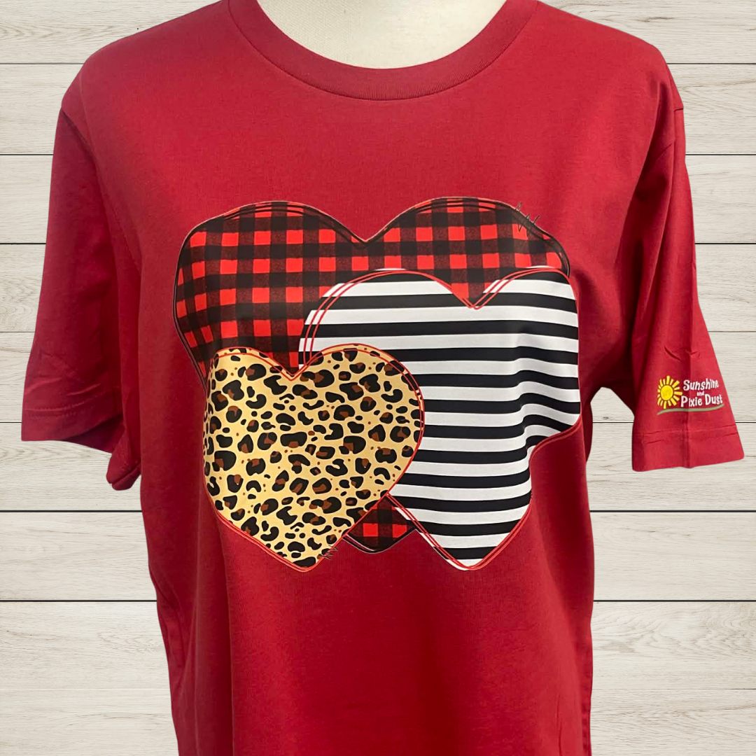 Valentine Heart Trio Graphic T-Shirt | Patterned Heart Love Shirt | Mixed Pattern Valentine Tee | Trendy Heart Shirt